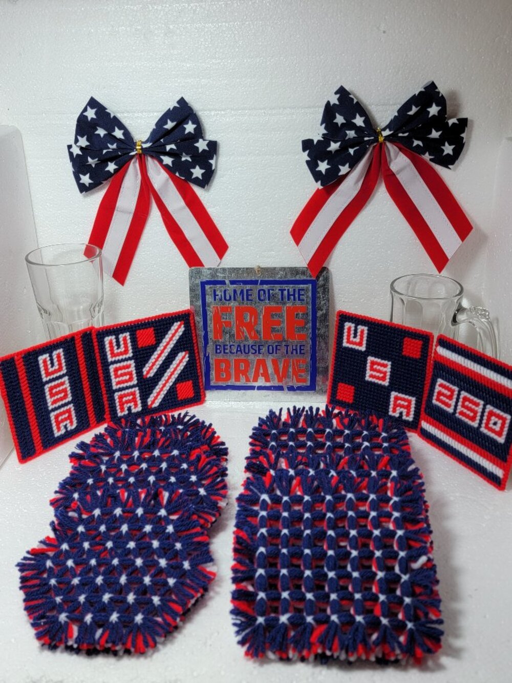 Handmade Coasters Woven and Embroidered in Red White and Blue